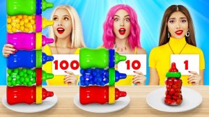 100 СЛОЕВ ЕДЫ ЧЕЛЛЕНДЖ _ Едим 1 vs 100 Слоев Гигантской vs Крошечной Еды