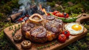 Стейк с грибами и моцареллой, приготовленный на костре, в сочетании с оссобуко.