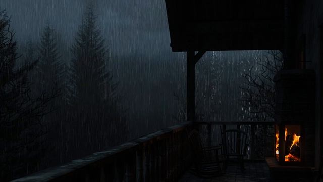 Дождь на балконе и уютное пламя камина 🌧️ Расслабляющий звук грома для сна и отдыха