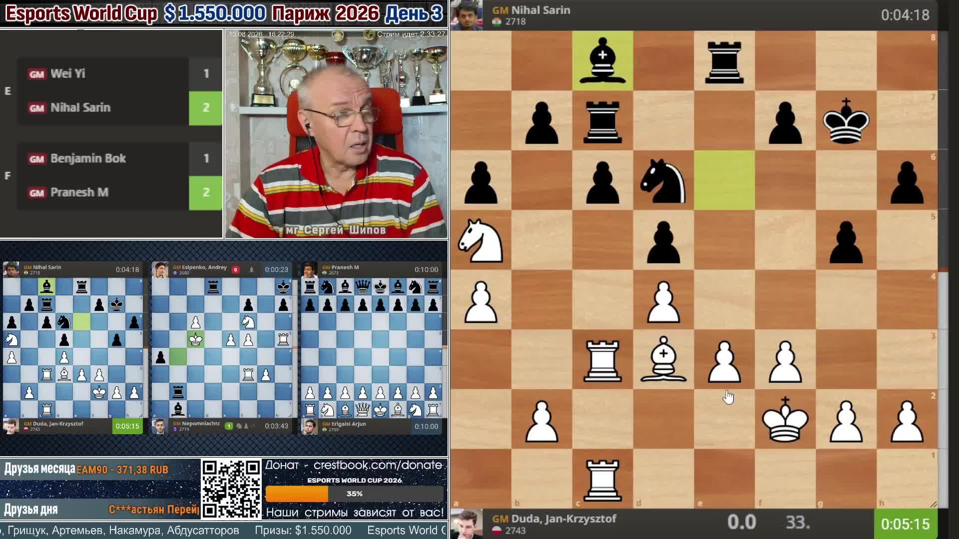 Карлсен Непомнящий Есипенко. $1.550.000 Esports World Cup 2026. День 3 🎤 Шипов, Филимонов. Шахматы