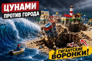 Эксперимент с прорывом дамбы и цунами: две воронки в городе Lego