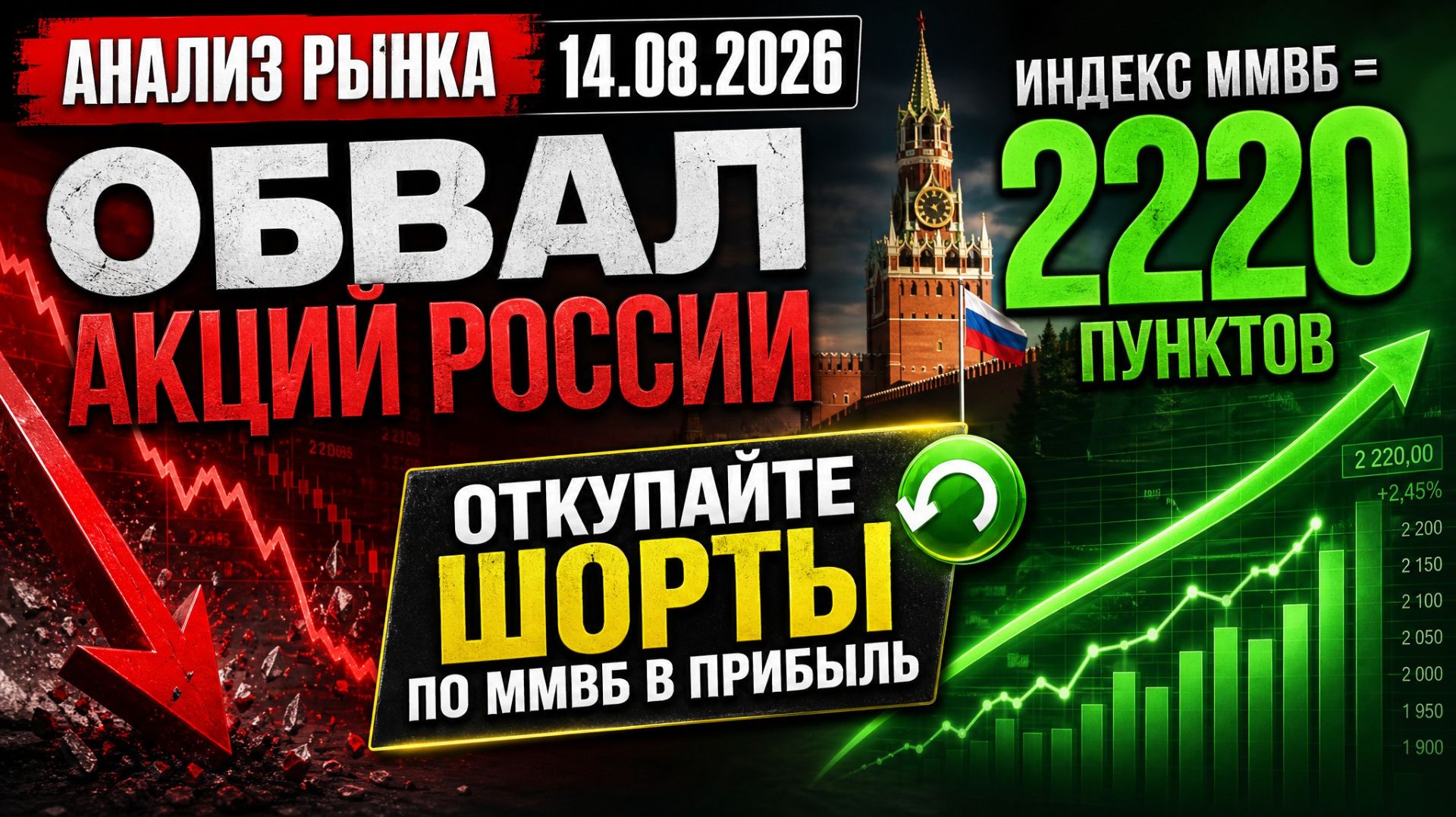 Анализ рынка 14.08 / ОБВАЛ АКЦИЙ РОССИИ / ОТКУПАЙТЕ ШОРТЫ ПО ММВБ В ПРИБЫЛЬ / ИНДЕКС ММВБ = 2220