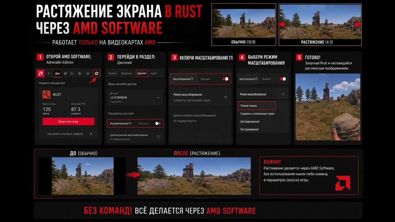 Растяг в RUST БЕЗ -window-mode exclusive? Лучший способ через AMD