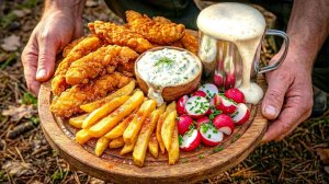 Хрустящие куриные кусочки, картошка и пиво у костра