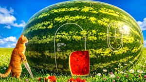 Коты строят бункер из арбуза 🍉 Убежища для животных во фруктах АСМР Таймлапс. Мультики. Мультфильмы