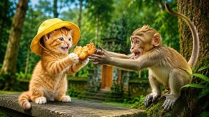 Котенок делится едой с голодной обезьянкой!🐱🐒❤️
