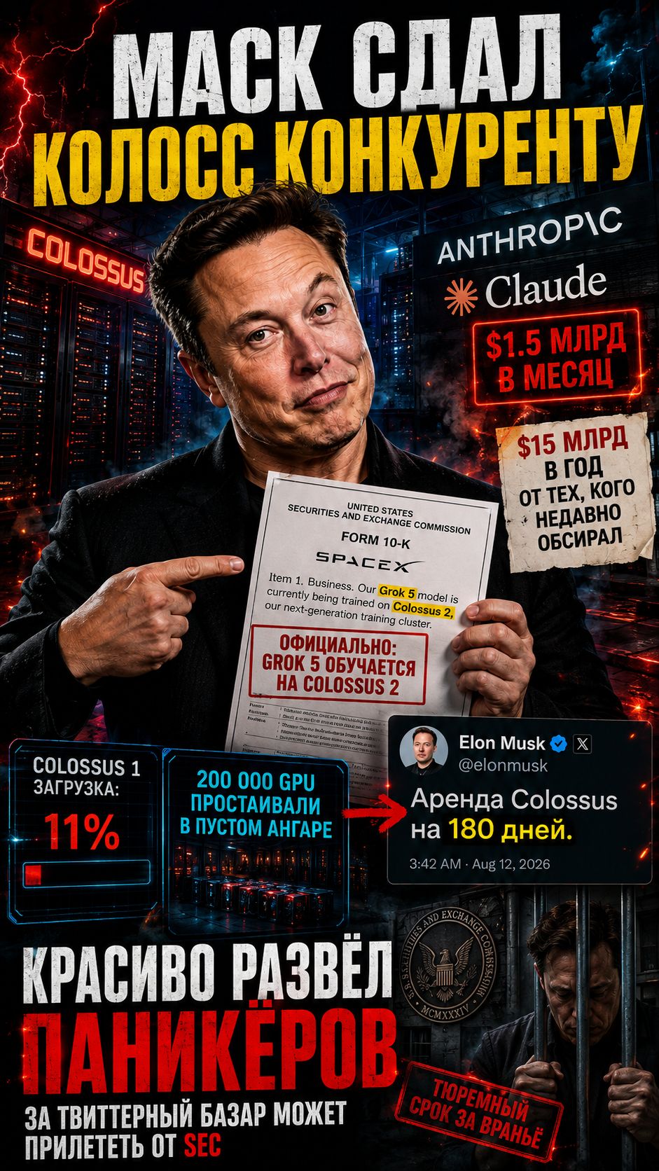 Хайп Маск слил суперкомпьютер КЛОДУ за $15 МЛРД! #илонмаск #нейросети #grok #claude #anthropic #ново