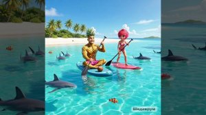 Ананасик и Рамбутана плавают на Сапбордах и видят акул! Мультфильм😆