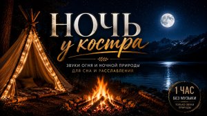 Ночной костёр у озера 🔥 Звуки костра и ночной природы для сна и расслабления - 1 час