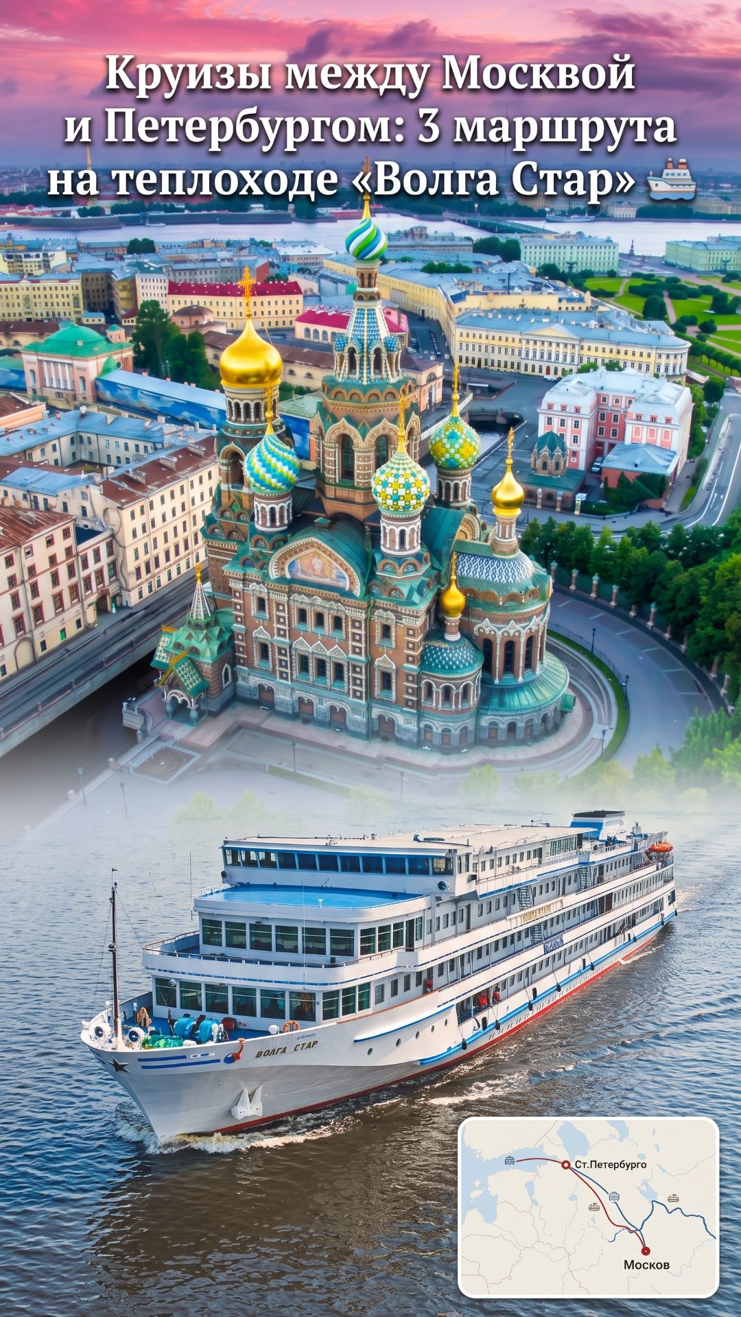 Круизы между Москвой и Петербургом: 3 маршрута на теплоходе «Волга Стар» 🛳️