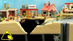 Город LEGO проваливается в заброшенную шахту: эксперимент с цунами и прорывом плотины