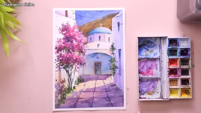 Простая акварельная картина - улица в цветах