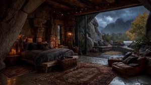 Шум дождя за окном в каменной спальне 🌧️🏔️ Уютная атмосфера для сна и глубокого отдыха