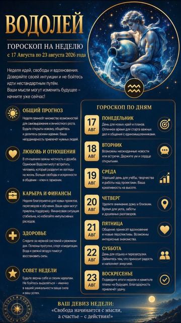 Водолей. Полный гороскоп  на неделю с 17 Августа по 23 Августа