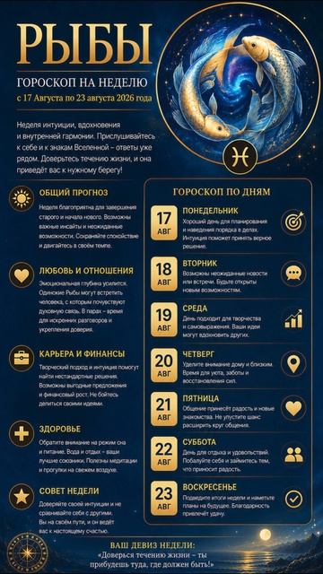 Рыбы. Полный гороскоп  на неделю с 17 Августа по 23 Августа