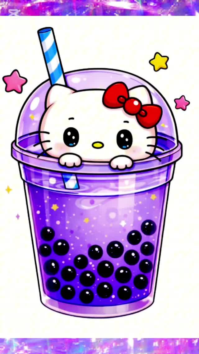 Рисунок Hello Kitty с чаем с пузырьками #hellokitty