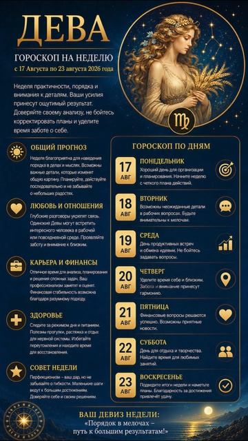 Дева.  Полный гороскоп  на неделю с 17 Августа по 23 Августа