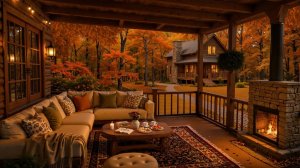 ОСЕННИЙ ДЖАЗ НА УЮТНОЙ ВЕРАНДЕ 🍂🎷 КАМИН, ТЁПЛЫЙ ЛЕС И МУЗЫКА ДЛЯ ОТДЫХА
