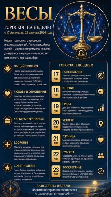 Весы. Полный гороскоп  на неделю с 17 Августа по 23 Августа