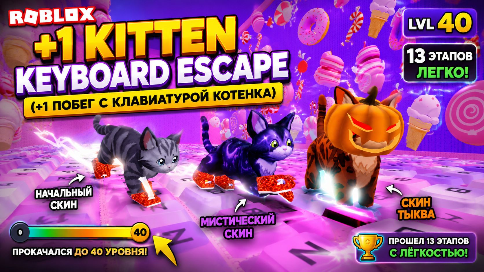 ПРОКАЧАЛ КОТЁНКА ДО 40 УРОВНЯ! 🐱🔥 13 ЭТАПОВ ПРОЙДЕНО | +1 Kitten Keyboard Escape Roblox