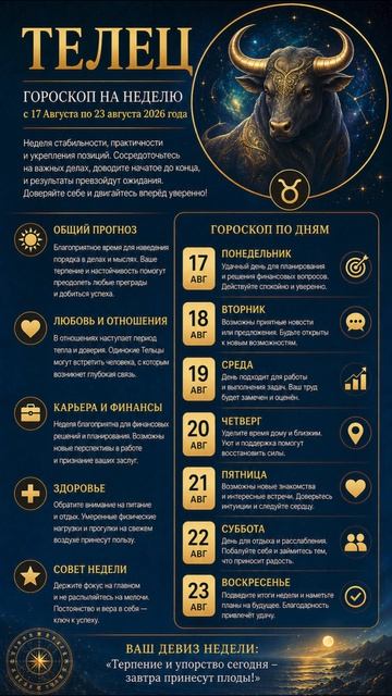 Телец.  Полный гороскоп  на неделю с 17 Августа по 23 Августа