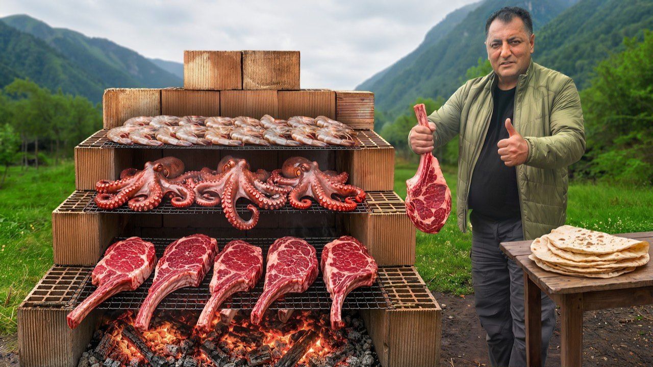 Гигантские тако из морепродуктов и мяса, приготовленные на открытом кирпичном гриле 🔥