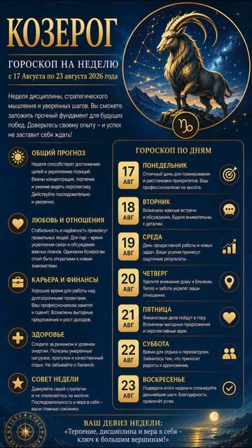 Козерог. Полный гороскоп  на неделю с 17 Августа по 23 Августа