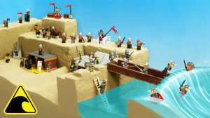 Замок разрушен цунами — эксперимент LEGO с прорывом дамбы: волновая машина против викингов и рыцарей