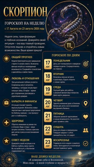 Скорпион. Полный гороскоп  на неделю с 17 Августа по 23 Августа