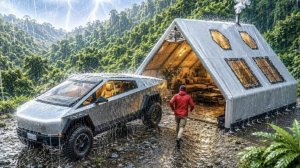 Люксовый кемпинг на Тесла Кибертрак в уютной надувной палатке в сильный дождь