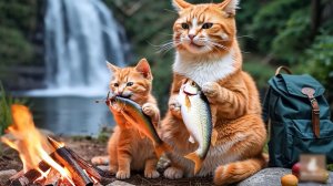 😹Мама кошечка ест вкусную жареную рыбку со своим маленьким сыночком🔥