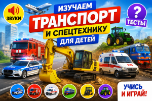 Изучаем транспорт и спецтехнику для детей: мультфильмы и тесты