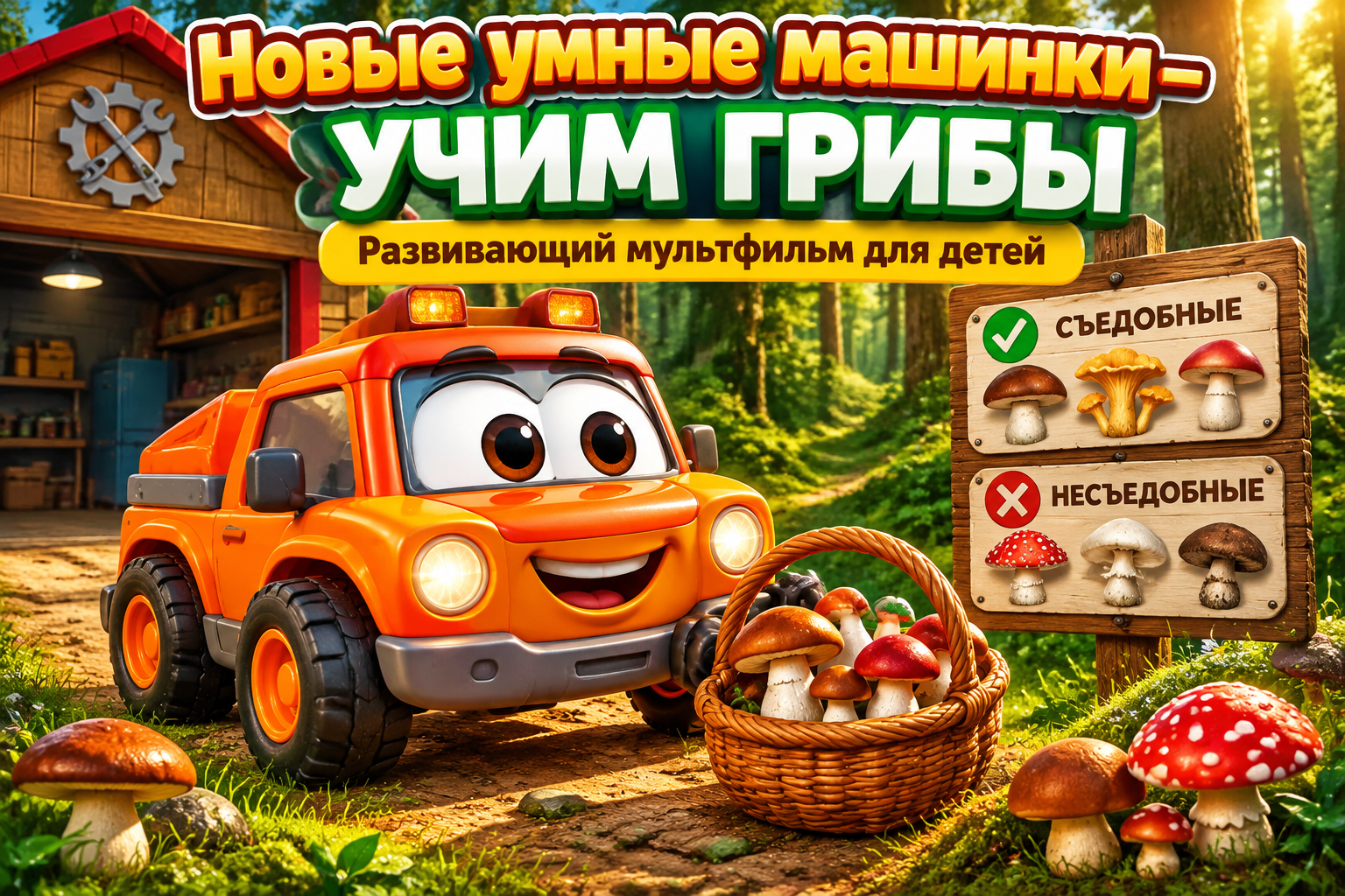 Умные машинки учат грибы — развивающий мультфильм для детей