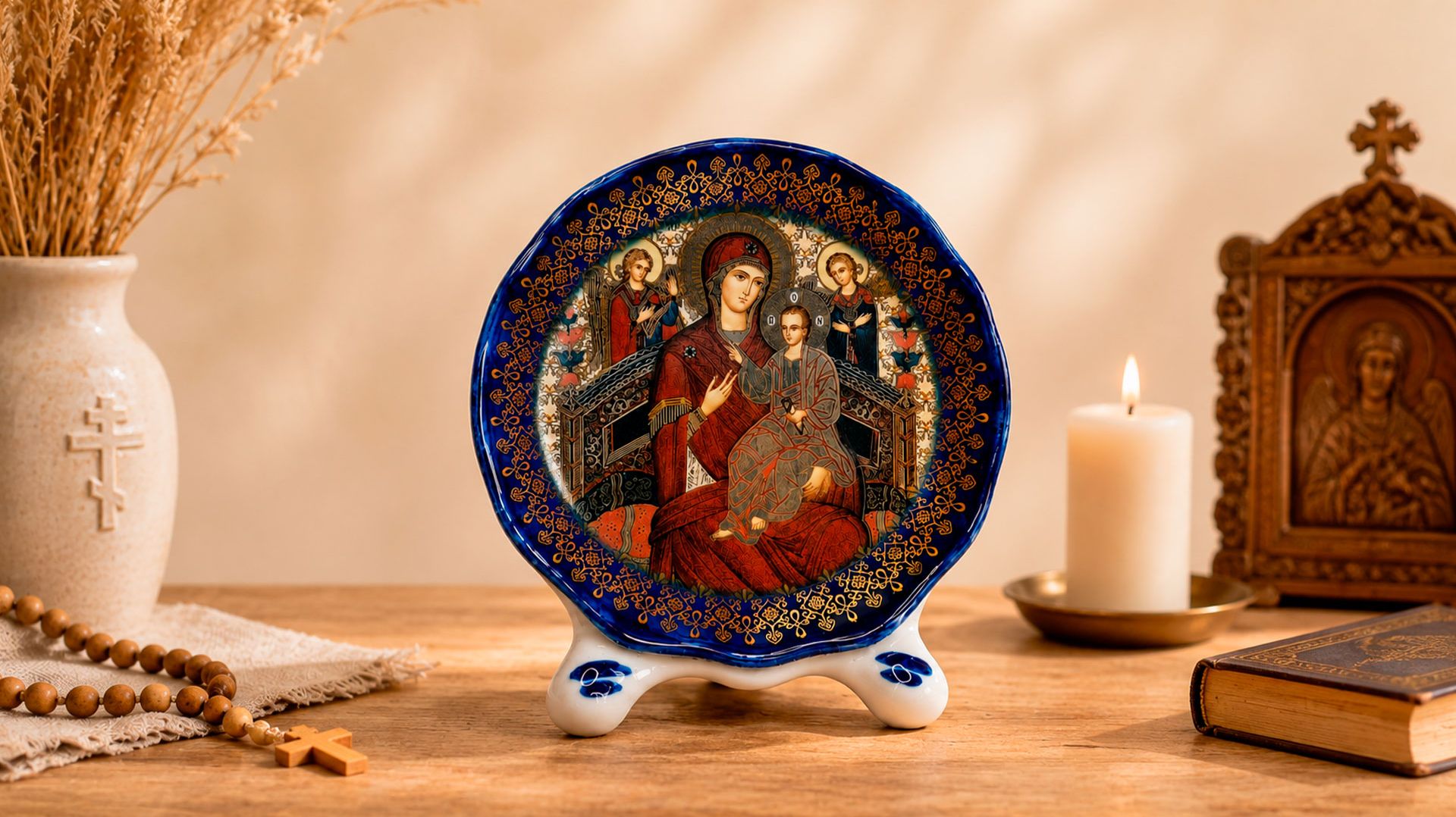 Плакетка с иконой настольная Всецарица, гжельский фарфор