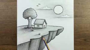 Как легко нарисовать пейзаж карандашом — пошаговое рисование дома на краю обрыва.
