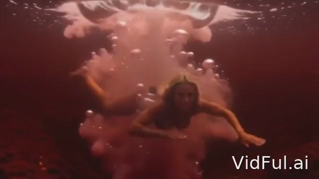 Блондинка в черном бикини с камнями прыгает в багровый термальный источник