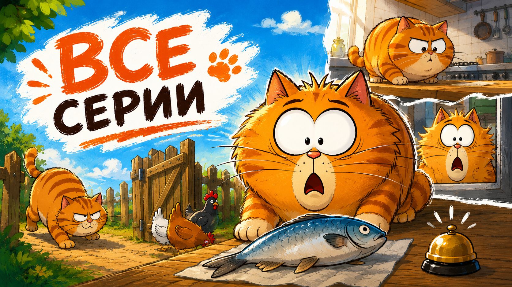 Рыжий кот — ВСЕ СЕРИИ 😺 Смешные приключения кота, курочек и большой рыбы | Для детей