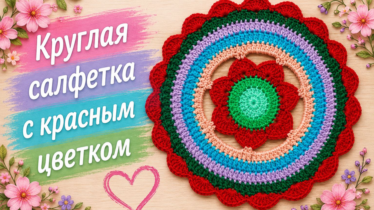 Круглая салфетка крючком с красным цветком | 11 рядов пошагово