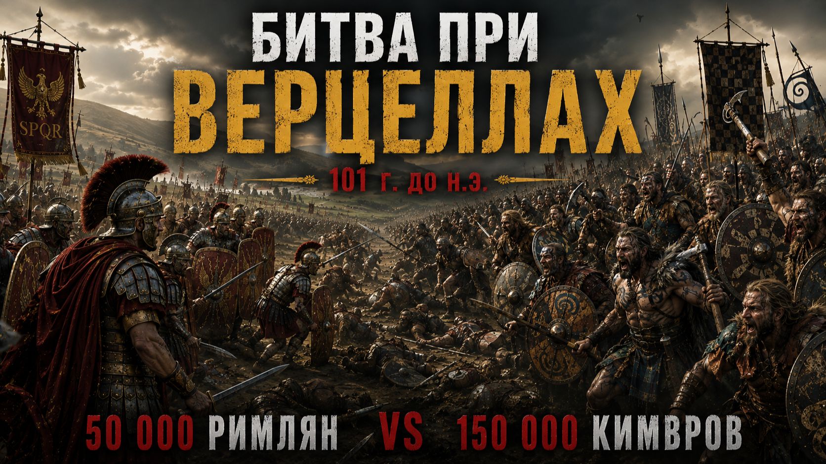 Битва при Верцеллах 101 г. до н.э.  50 000 римлян против 150 000 кимвров.