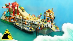 Цунами топит корабли Lego в гавани — эксперимент с прорывом дамбы