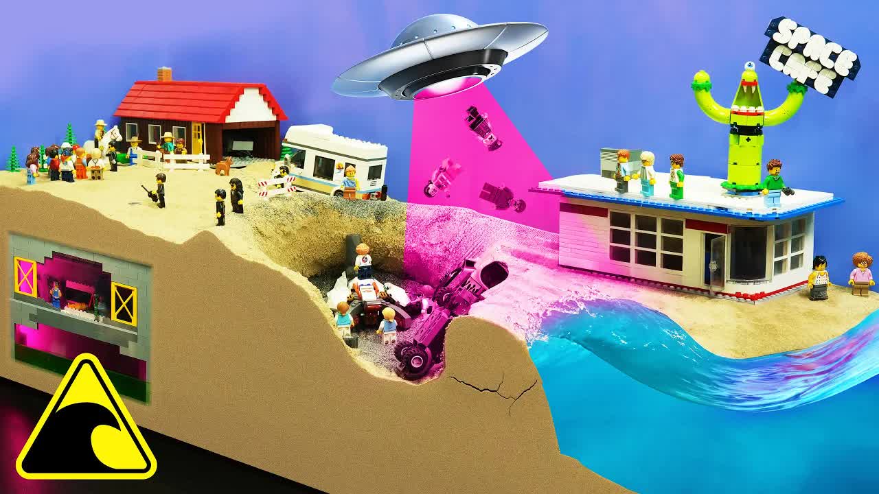 Крушение НЛО — эксперимент с прорывом дамбы LEGO: волновая машина против пришельцев