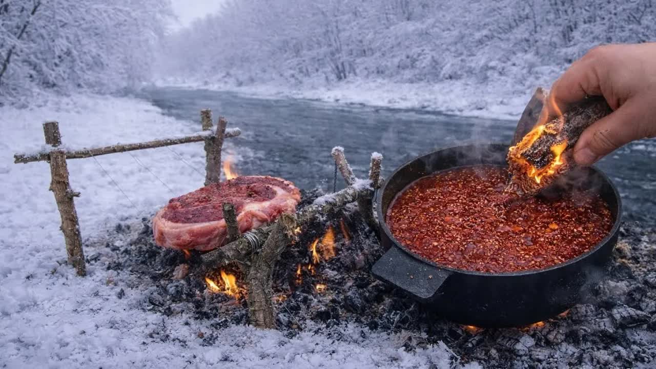 Приготовление стейка и BBQ-соуса с горящим поленом в дикой природе | Зимний бушкрафт и ASMR