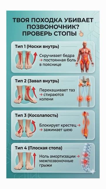 Неправильное положение стоп каждый день разрушает суставы, перекашивает таз и создает зажимы в шее