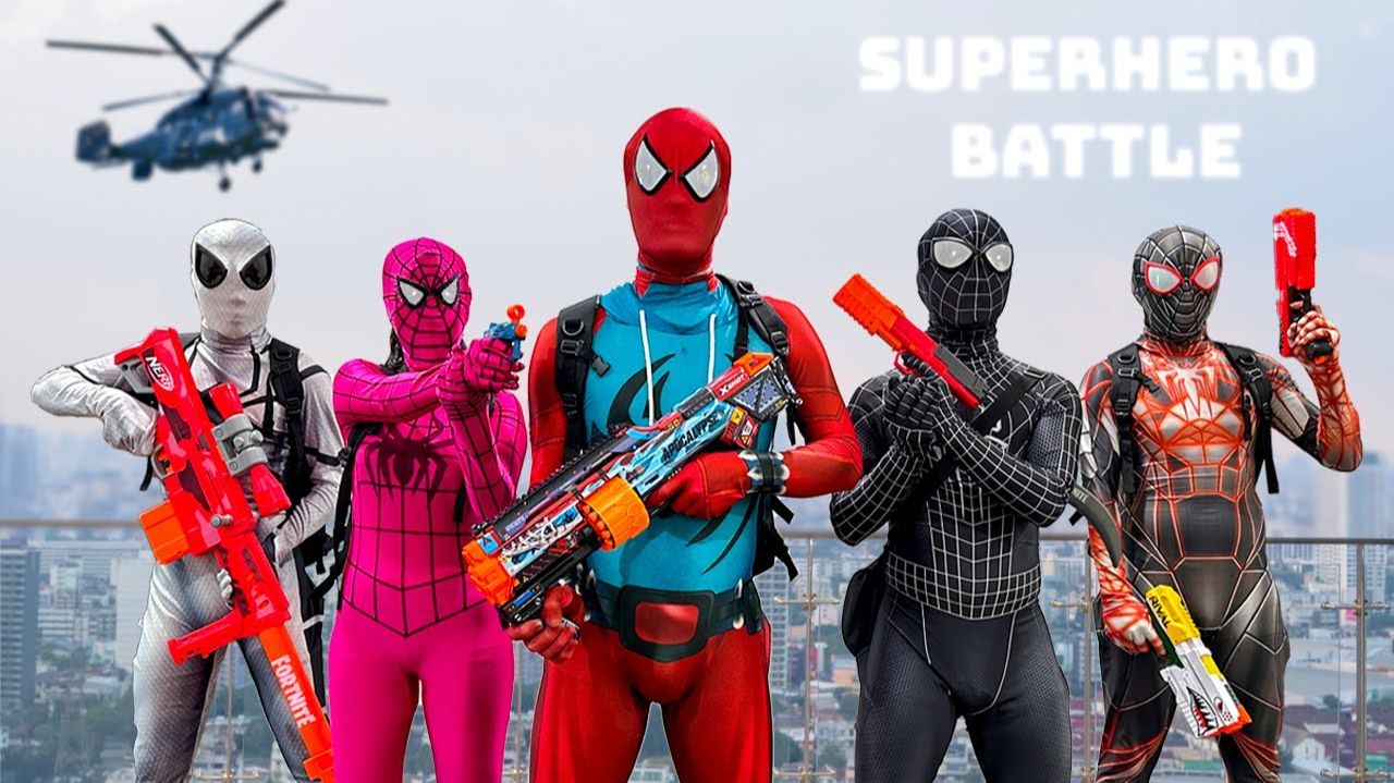 5 Профи супергероев! Эпичная война на Нёрфах! Spider-man Team! Команда Человека-паука!