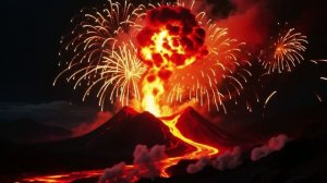 Вулкан и салют! 🌋🎆 Мощь лавы и огня. Сделано в AI 🔥