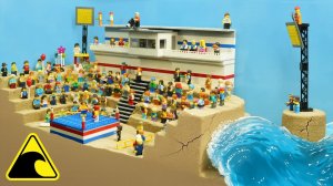 Цунами смывает стадион! 150 минифигурок LEGO против неудержимой волны — эксперимент с прорывом дамбы