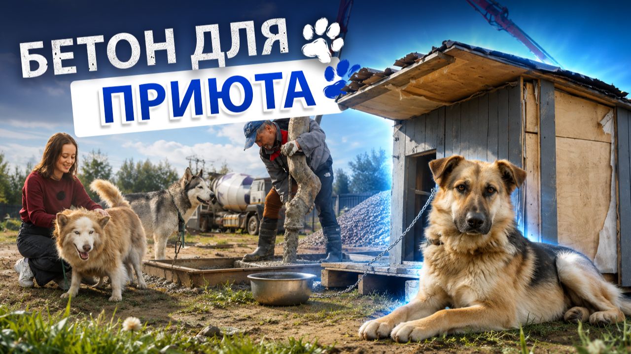 Один день в приюте «Косточка, Живи!»: бетон, собаки и заливка вольеров от ГК «Монолит»