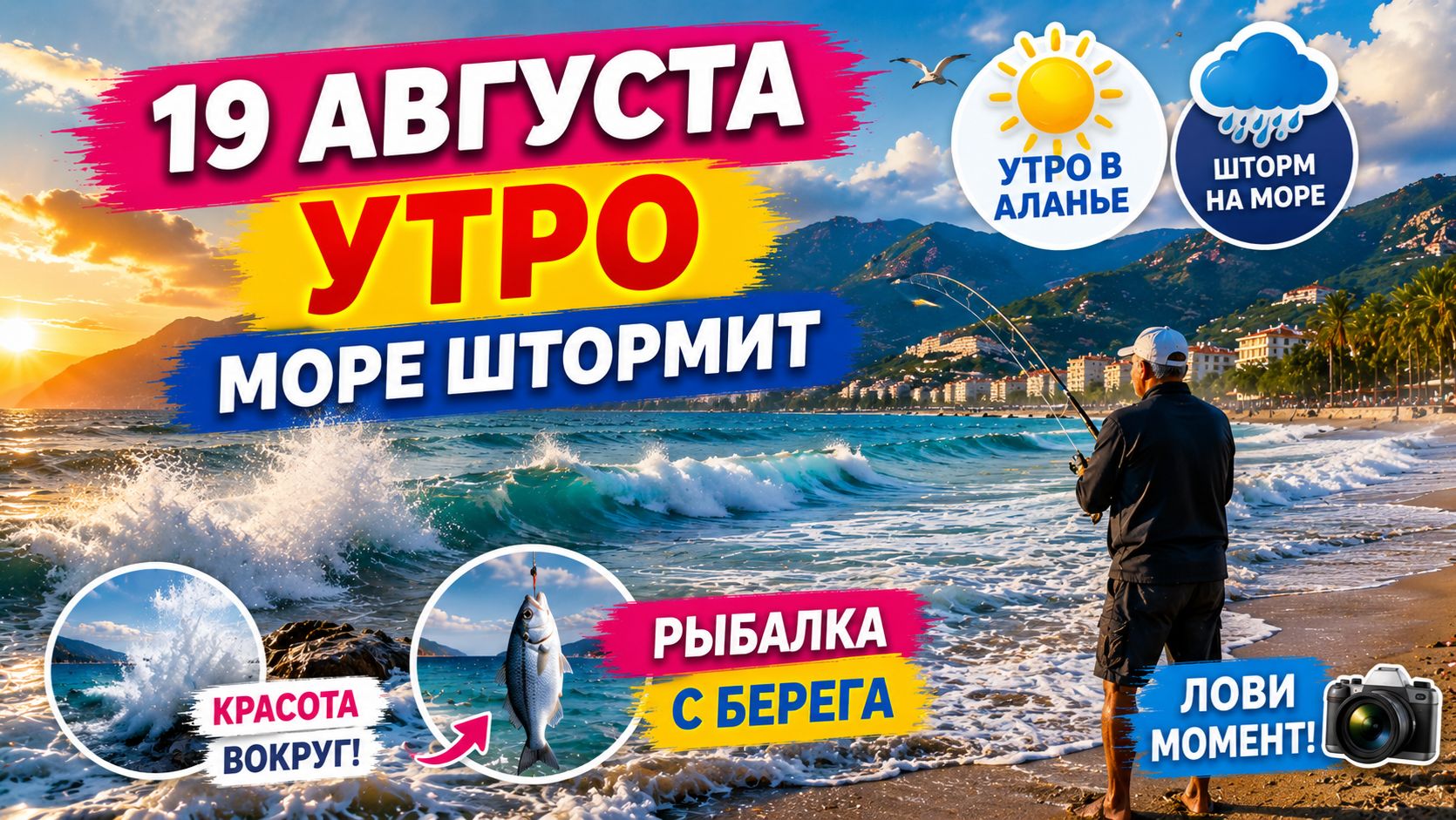 19 августа 🌊🌪️ Утро в Аланье: море штормит, рыбалка с берега и красота вокруг!