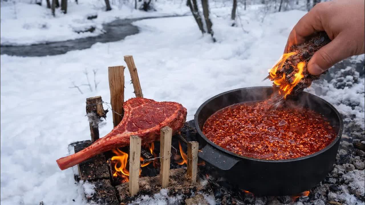 Первобытное приготовление стейка и BBQ-соус с горящим поленом | Зимний бушкрафт ASMR