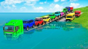 Triple Flatbed Trailer McQueen Transportation с грузовиком — Speedbumps vs Cars vs Train — BeamNG
